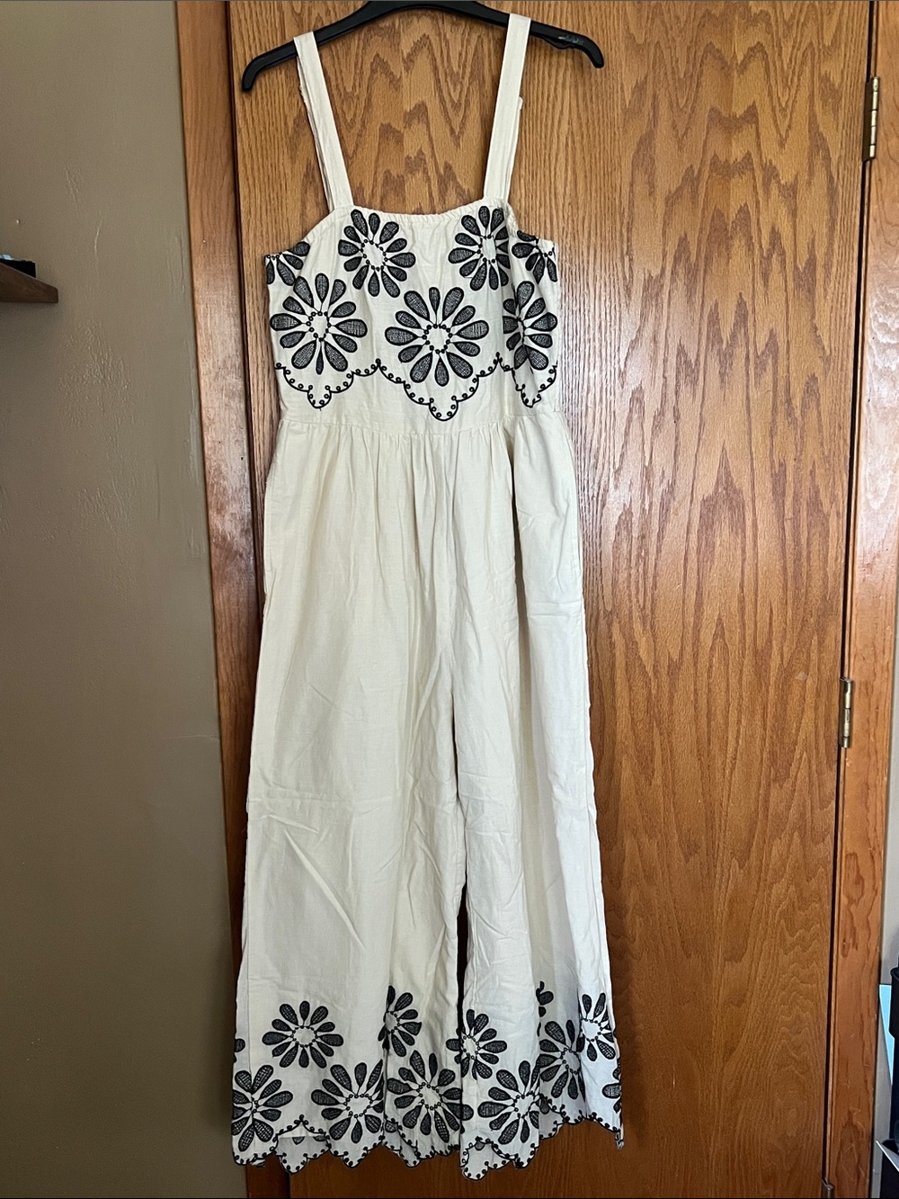 Cream Jumpsuit with Black Floral Embroidery
